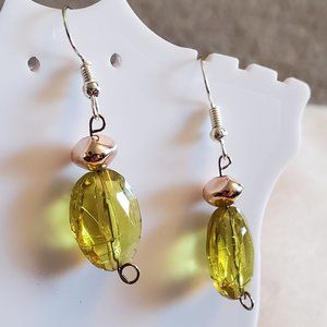 Silver Tone Hook Yellow Oval Bead Dangle Earrings